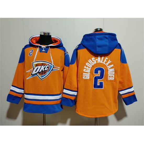 Men Oklahoma City Thunder 2 Shai Gilgeous Alexander Orange Blue Lace Up Pullover Hoodie Men Oklahoma City Thunder 2 Shai Gilgeous Alexander Orange Blue Lace Up Pullover Hoodie