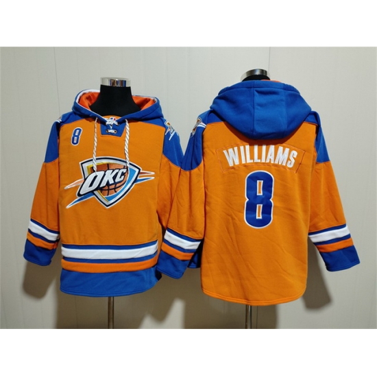 Men Oklahoma City Thunder 8 Jalen Williams Orange Blue Lace Up Pullover Hoodie Men Oklahoma City Thunder 8 Jalen Williams Orange Blue Lace Up Pullover Hoodie