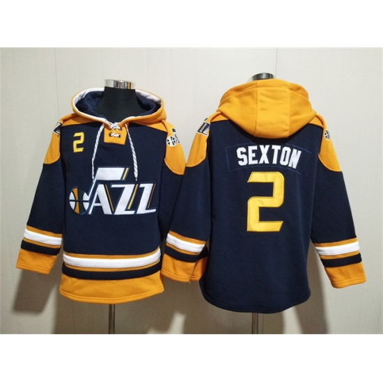 Men Utah Jazz 2 Collin Sexton Navy Yellow Lace Up Pullover Hoodie Men Utah Jazz 2 Collin Sexton Navy Yellow Lace Up Pullover Hoodie
