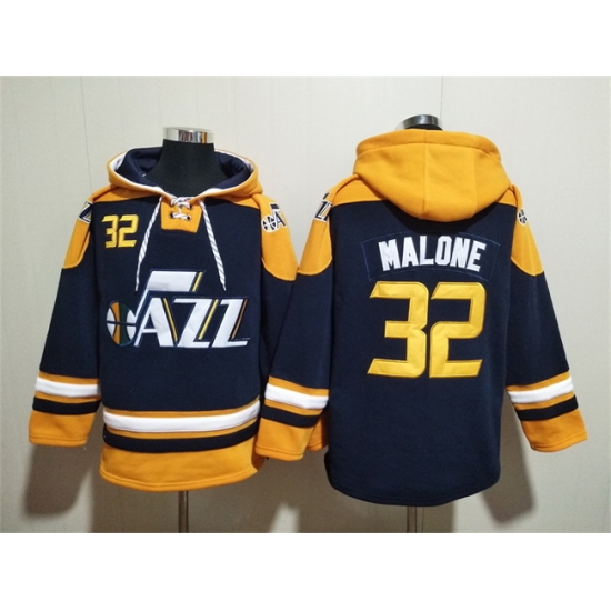 Men Utah Jazz 32 Karl Malone Navy Yellow Lace Up Pullover Hoodie Men Utah Jazz 32 Karl Malone Navy Yellow Lace Up Pullover Hoodie