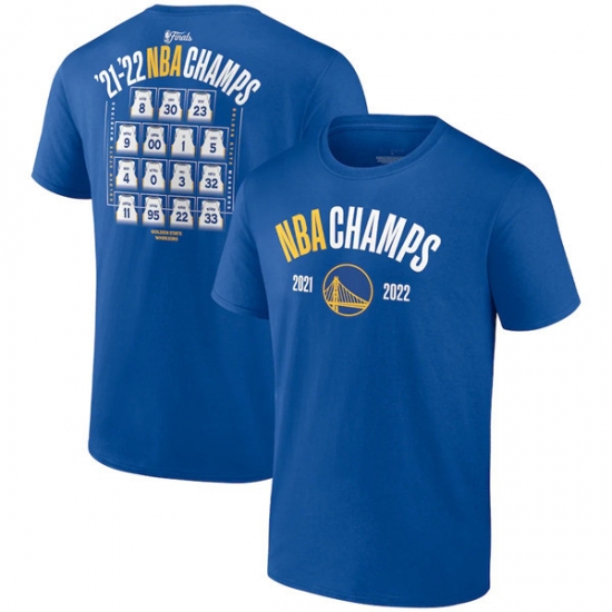 Men's Golden State Warriors 2021-2022 Royal NBA Finals Champions Final Buzzer Jersey Roster T-Shirt Men's Golden State Warriors 2021-2022 Royal NBA Finals Champions Final Buzzer Jersey Roster T-Shirt