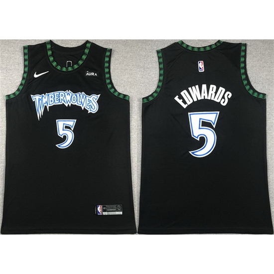 Men Minnesota Timberwolves 5 Anthony Edwards Black City Edition Stitched Jersey Men Minnesota Timberwolves 5 Anthony Edwards Black City Edition Stitched Jersey