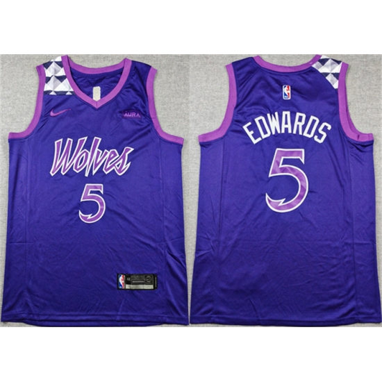 Men Minnesota Timberwolves 5 Anthony Edwards Purple Stitched Jersey Men Minnesota Timberwolves 5 Anthony Edwards Purple Stitched Jersey