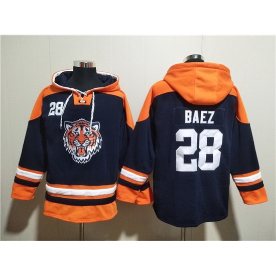 Men Detroit Tigers 28 Javier B E1ez Navy Lace Up Pullover Hoodie Men Detroit Tigers 28 Javier B E1ez Navy Lace Up Pullover Hoodie