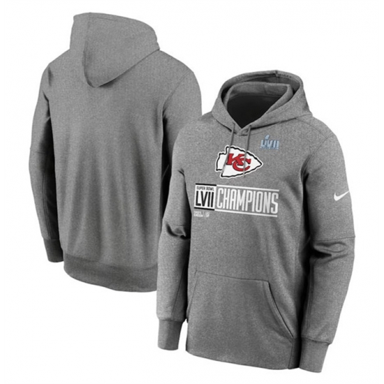 Men Kansas City Chiefs Gray Super Bowl LVII Champions Logo Fleece Pullover Hoodie Men Kansas City Chiefs Gray Super Bowl LVII Champions Logo Fleece Pullover Hoodie