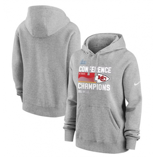 Women Kansas City Chiefs Gray 2022 AFC Champions Performance Pullover Hoodie Women Kansas City Chiefs Gray 2022 AFC Champions Performance Pullover Hoodie