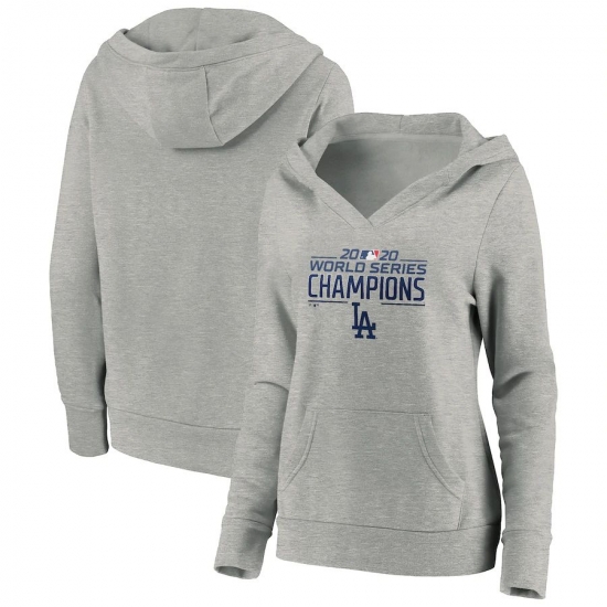 Women Los Angeles Dodgers Women 2020 World Series Champions Logo Crossover Neck Pullover Hoodie Heather Gray Women Los Angeles Dodgers Women 2020 World Series Champions Logo Crossover Neck Pullover Hoodie Heather Gray