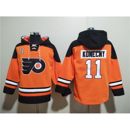 Men Philadelphia Flyers 11 Travis Konecny Orange Ageless Must Have Lace Up Pullover Hoodie Men Philadelphia Flyers 11 Travis Konecny Orange Ageless Must Have Lace Up Pullover Hoodie