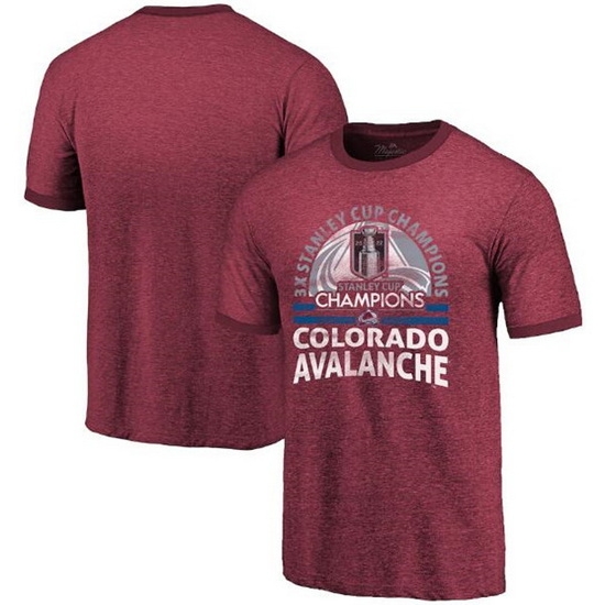 Men Colorado Avalanche Burgundy 3 Time Stanley Cup Champions Ringer Tri Blend T Shirt