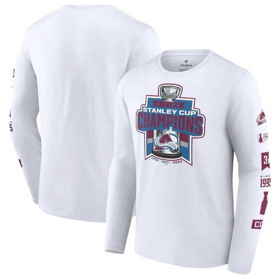 Men Colorado Avalanche White 3 Time Stanley Cup Champions Long Sleeve T Shirt Men Colorado Avalanche White 3 Time Stanley Cup Champions Long Sleeve T Shirt