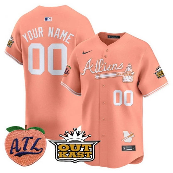 Men Atlanta Braves ACTIVE PLAYER Custom Peach 2024 Atliens 26 Peach With Outkast Patch Vapor Limited Stitched Baseball Jersey Men Atlanta Braves ACTIVE PLAYER Custom Peach 2024 Atliens 26 Peach With Outkast Patch Vapor Limited Stitched Baseball Jersey