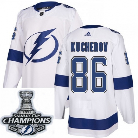 Men Adidas Tampa Bay Lightning 86 Nikita Kucherov Authentic White Home NHL Stitched 2021 Stanley Cup Champions Patch Jersey
