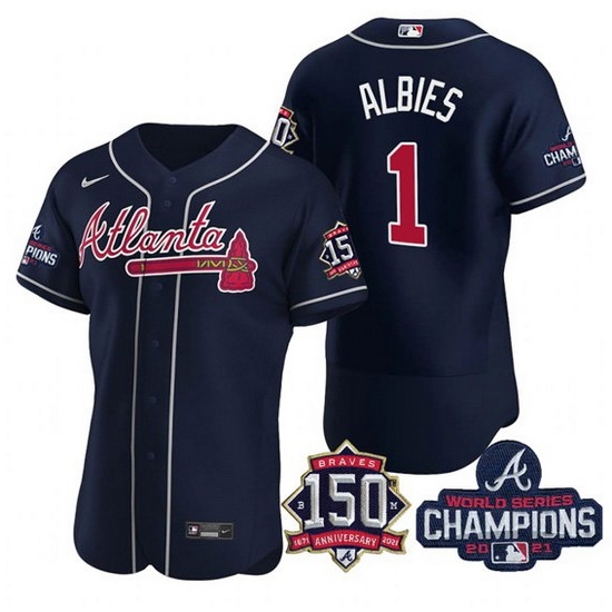 Men's Navy Atlanta Braves #1 Ozzie Albies 2021 World Series Champions With 150th Anniversary Flex Base Stitched Jersey