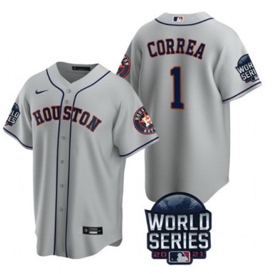 Men Houston Astros 1 Carlos Correa 2021 Gray World Series Cool Base Stitched Baseball Jersey Men Houston Astros 1 Carlos Correa 2021 Gray World Series Cool Base Stitched Baseball Jersey