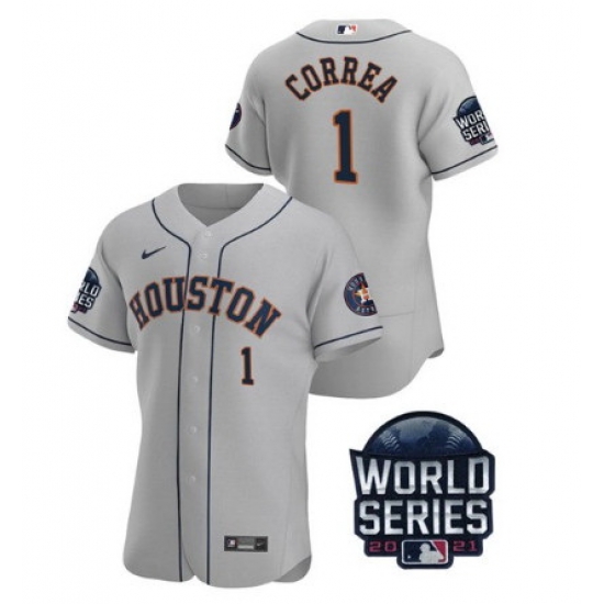 Men Houston Astros 1 Carlos Correa 2021 Grey World Series Flex Base Stitched Baseball Jersey Men Houston Astros 1 Carlos Correa 2021 Grey World Series Flex Base Stitched Baseball Jersey