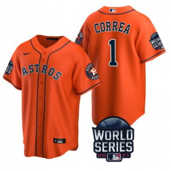 Men Houston Astros 1 Carlos Correa 2021 Orange World Series Cool Base Stitched Baseball Jersey Men Houston Astros 1 Carlos Correa 2021 Orange World Series Cool Base Stitched Baseball Jersey