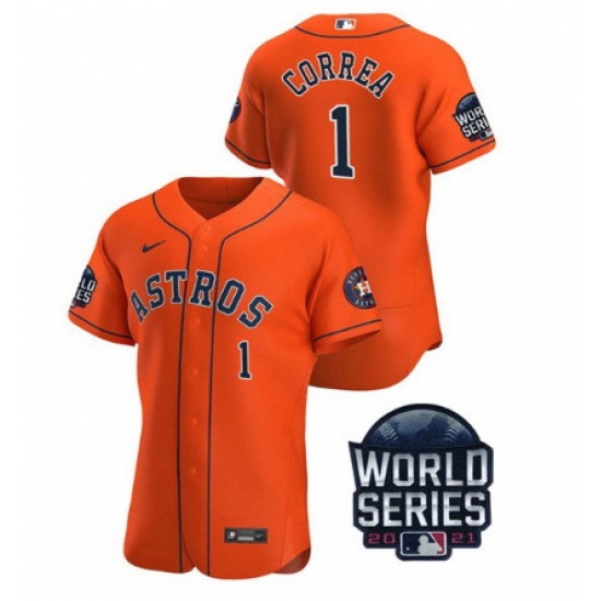 Men Houston Astros 1 Carlos Correa 2021 Orange World Series Flex Base Stitched Baseball Jersey Men Houston Astros 1 Carlos Correa 2021 Orange World Series Flex Base Stitched Baseball Jersey