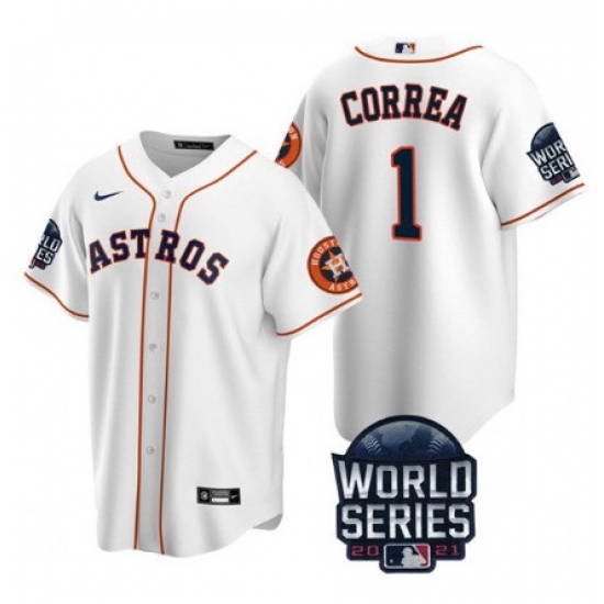 Men Houston Astros 1 Carlos Correa 2021 White World Series Cool Base Stitched Baseball Jersey Men Houston Astros 1 Carlos Correa 2021 White World Series Cool Base Stitched Baseball Jersey