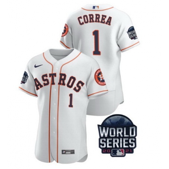Men Houston Astros 1 Carlos Correa 2021 White World Series Flex Base Stitched Baseball Jersey Men Houston Astros 1 Carlos Correa 2021 White World Series Flex Base Stitched Baseball Jersey