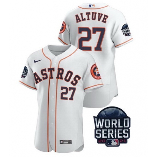 Men Houston Astros 27 Jose Altuve 2021 White World Series Flex Base Stitched Baseball Jersey Men Houston Astros 27 Jose Altuve 2021 White World Series Flex Base Stitched Baseball Jersey