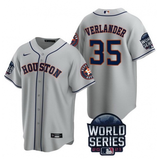 Men Houston Astros 35 Justin Verlander 2021 Grey World Series Cool Base Stitched Baseball Jersey Men Houston Astros 35 Justin Verlander 2021 Grey World Series Cool Base Stitched Baseball Jersey