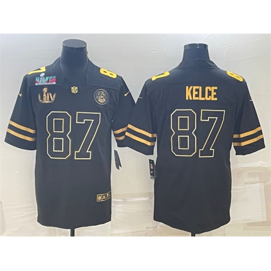Men Kansas City Chiefs 87 Travis Kelce Black Golden Super Bowl LV And Super Bowl LVII Patch Vapor Limited Stitched Jersey Men Kansas City Chiefs 87 Travis Kelce Black Golden Super Bowl LV And Super Bowl LVII Patch Vapor Limited Stitched Jersey