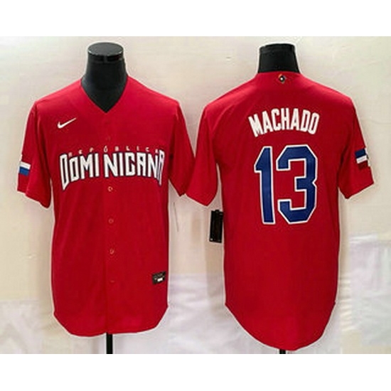 Men's Dominican Republic Baseball #13 Manny Machado 2023 Red World Classic Stitched Jerseys Men's Dominican Republic Baseball #13 Manny Machado 2023 Red World Classic Stitched Jerseys