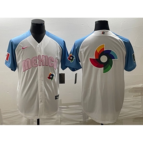 Men Mexico Baseball 2023 White Blue World Baseball Big Logo With Patch Classic Stitched Jersey Men Mexico Baseball 2023 White Blue World Baseball Big Logo With Patch Classic Stitched Jersey