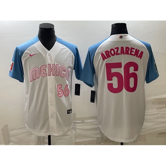 Men Mexico Baseball 56 Randy Arozarena 2023 White Blue World Baseball Classic Stitched JerseyS 1 Men Mexico Baseball 56 Randy Arozarena 2023 White Blue World Baseball Classic Stitched JerseyS 1