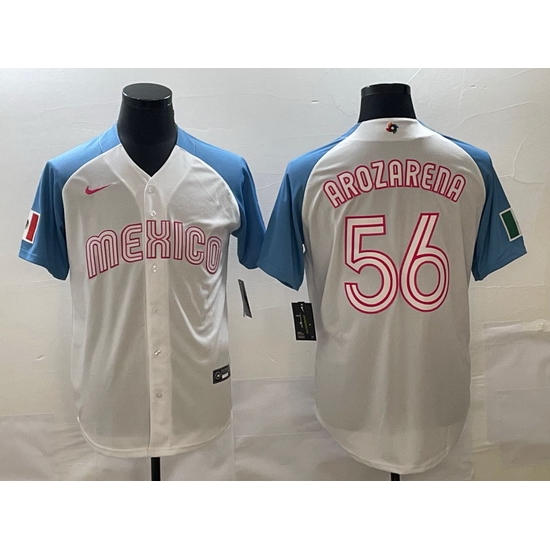 Men Mexico Baseball 56 Randy Arozarena 2023 White Blue World Baseball Classic Stitched JerseyS Men Mexico Baseball 56 Randy Arozarena 2023 White Blue World Baseball Classic Stitched JerseyS