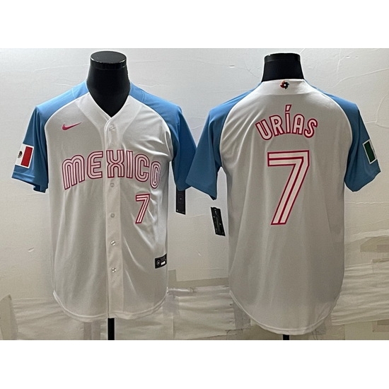 Men Mexico Baseball 7 Julio Urias 2023 White Blue World Baseball Classic Stitched JerseyS Men Mexico Baseball 7 Julio Urias 2023 White Blue World Baseball Classic Stitched JerseyS