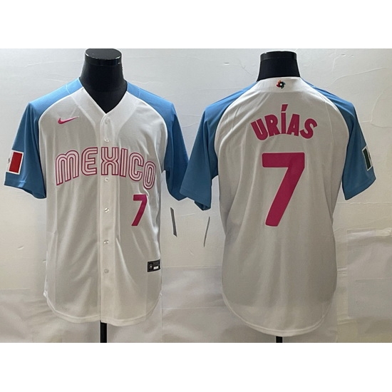 Men Mexico Baseball 7 Julio Urias 2023 White Blue World Baseball Classic Stitched Jersey Men Mexico Baseball 7 Julio Urias 2023 White Blue World Baseball Classic Stitched Jersey