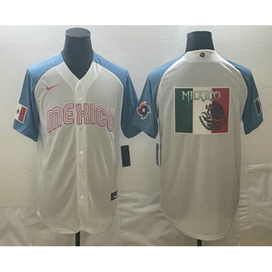 Men's Mexico Baseball 2023 White Blue World Big Logo Classic Stitched Jersey Men's Mexico Baseball 2023 White Blue World Big Logo Classic Stitched Jersey