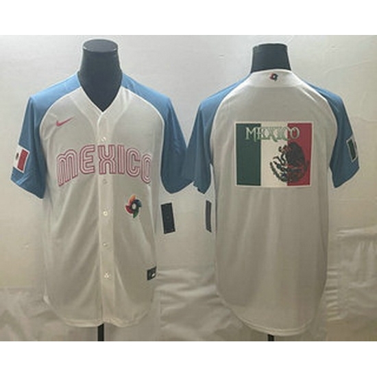 Men's Mexico Baseball 2023 White Blue World Big Logo Classic Stitched Jerseys Men's Mexico Baseball 2023 White Blue World Big Logo Classic Stitched Jerseys