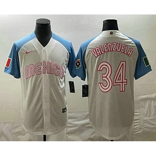 Mens Mexico Baseball #34 Fernando Valenzuela 2023 White Blue World Classic Stitched Jersey Mens Mexico Baseball #34 Fernando Valenzuela 2023 White Blue World Classic Stitched Jersey