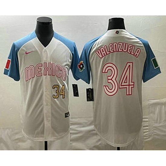 Men's Mexico Baseball #34 Fernando Valenzuela Number 2023 White Blue World Classic Stitched Jersey Men's Mexico Baseball #34 Fernando Valenzuela Number 2023 White Blue World Classic Stitched Jersey