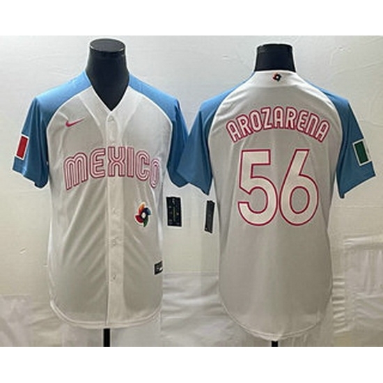 Men's Mexico Baseball #56 Randy Arozarena 2023 White Blue World Classic Stitched Jersey Men's Mexico Baseball #56 Randy Arozarena 2023 White Blue World Classic Stitched Jersey