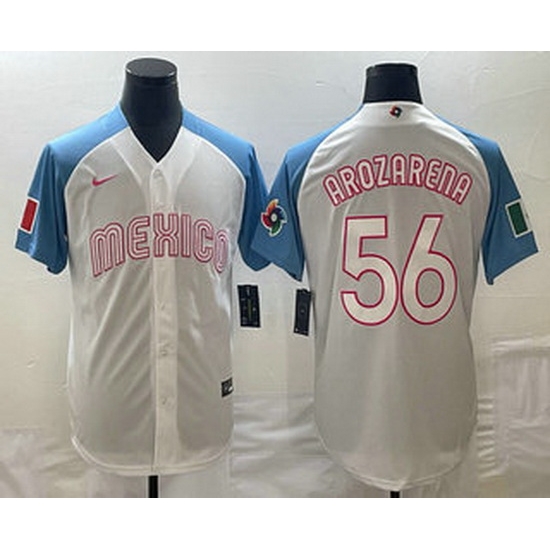Men's Mexico Baseball #56 Randy Arozarena 2023 White Blue World Classic Stitched Jerseys Men's Mexico Baseball #56 Randy Arozarena 2023 White Blue World Classic Stitched Jerseys