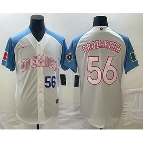 Men's Mexico Baseball #56 Randy Arozarena Number 2023 White Blue World Classic Stitched Jerseys Men's Mexico Baseball #56 Randy Arozarena Number 2023 White Blue World Classic Stitched Jerseys