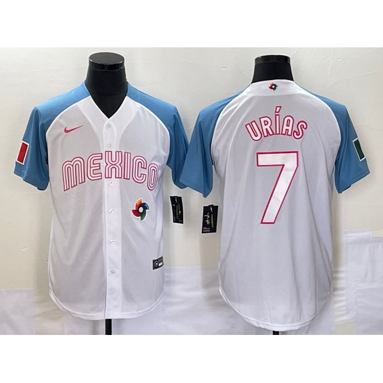 Men's Mexico Baseball #7 Julio Urias 2023 White Blue World Classic Stitched Jersey Men's Mexico Baseball #7 Julio Urias 2023 White Blue World Classic Stitched Jersey