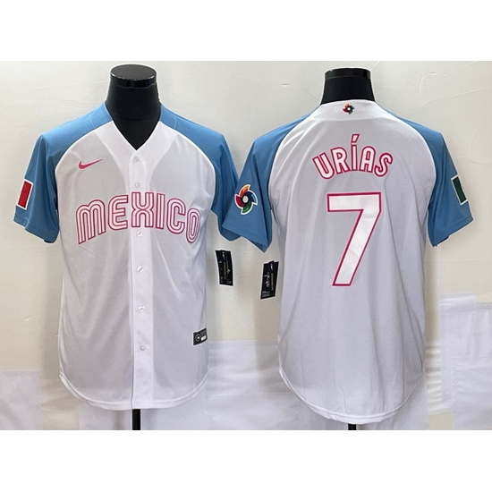 Men's Mexico Baseball #7 Julio Urias 2023 White Blue World Classic Stitched Jerseys Men's Mexico Baseball #7 Julio Urias 2023 White Blue World Classic Stitched Jerseys