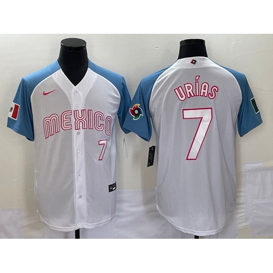 Men's Mexico Baseball #7 Julio Urias Number 2023 White Blue World Classic Stitched Jersey Men's Mexico Baseball #7 Julio Urias Number 2023 White Blue World Classic Stitched Jersey