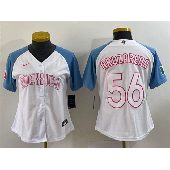 Women Mexico Baseball 56 Randy Arozarena 2023 White Blue World Baseball Classic Stitched Jersey 1 Women Mexico Baseball 56 Randy Arozarena 2023 White Blue World Baseball Classic Stitched Jersey 1