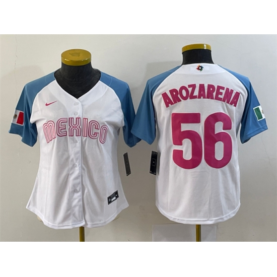 Women Mexico Baseball 56 Randy Arozarena 2023 White Blue World Baseball Classic Stitched Jersey Women Mexico Baseball 56 Randy Arozarena 2023 White Blue World Baseball Classic Stitched Jersey