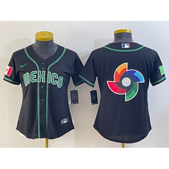 Women's Mexico Baseball 2023 Black World Big Logo Classic Stitched Jersey Women's Mexico Baseball 2023 Black World Big Logo Classic Stitched Jersey