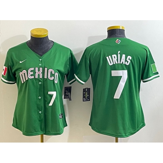 Women's Mexico Baseball #7 Julio Urias Number 2023 Green World Classic Stitched Jersey3 Women's Mexico Baseball #7 Julio Urias Number 2023 Green World Classic Stitched Jersey3