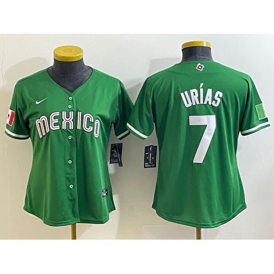 Women's Mexico Baseball #7 Julio Urias Number 2023 Green World Classic Stitched Jersey5 Women's Mexico Baseball #7 Julio Urias Number 2023 Green World Classic Stitched Jersey5