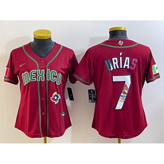 Women's Mexico Baseball #7 Julio Urias Number 2023 Red World Baseball Classic Stitched Jersey11 Women's Mexico Baseball #7 Julio Urias Number 2023 Red World Baseball Classic Stitched Jersey11