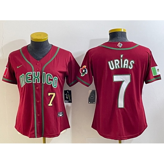 Women's Mexico Baseball #7 Julio Urias Number 2023 Red World Baseball Classic Stitched Jersey1 Women's Mexico Baseball #7 Julio Urias Number 2023 Red World Baseball Classic Stitched Jersey1