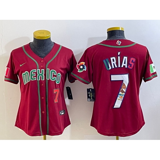Women's Mexico Baseball #7 Julio Urias Number 2023 Red World Baseball Classic Stitched Jersey4 Women's Mexico Baseball #7 Julio Urias Number 2023 Red World Baseball Classic Stitched Jersey4